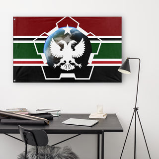 A lifestyle mockup of the custom flag 'Martian Federation flag' in a white office room