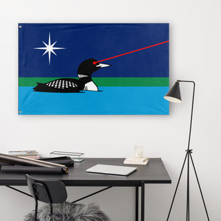 A lifestyle mockup of the custom flag 'Minnesota Laser Loon flag' in a white office room