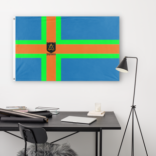 A lifestyle mockup of the custom flag 'New flag of Imperia flag' in a white office room