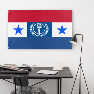 A lifestyle mockup of the custom flag 'Republic of the fatherland flag' in a white office room