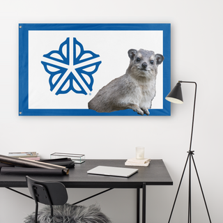 A lifestyle mockup of the custom flag 'RocHyrax flag' in a white office room