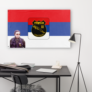 A lifestyle mockup of the custom flag 'Roki Vulovic garda Panteri Flag' in a white office room