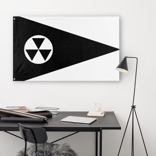 A lifestyle mockup of the custom flag 'Sapal flag' in a white office room