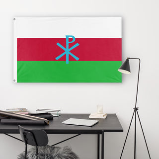 A lifestyle mockup of the custom flag 'Snowlandian flag' in a white office room