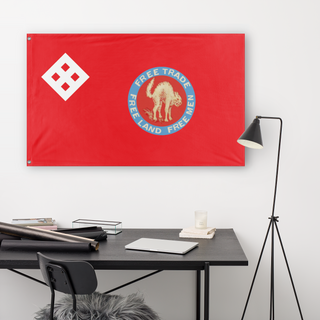 A lifestyle mockup of the custom flag 'Social-Georgism flag' in a white office room