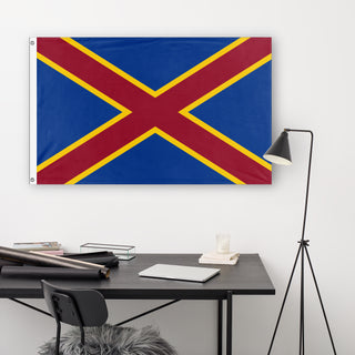 A lifestyle mockup of the custom flag 'Tiburcio banner flag' in a white office room