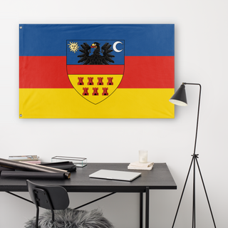 A lifestyle mockup of the custom flag 'Transylvania flag' in a white office room