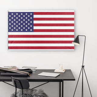 A lifestyle mockup of the custom flag 'USA Flag' in a white office room