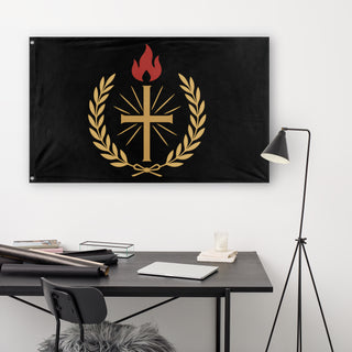 A lifestyle mockup of the custom flag 'Vexism flag' in a white office room
