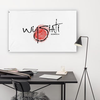 A lifestyle mockup of the custom flag 'WYSIATI Zurich flag' in a white office room