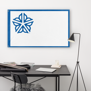 A lifestyle mockup of the custom flag 'rr flag' in a white office room