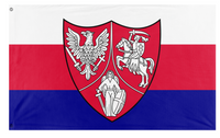 A custom flag featuring a shield with the Polish and Lithuanian coats of arms on a red and white horizontal striped background.