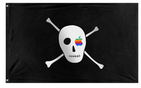 A flag with a black background featuring a skull and crossbones with an apple logo in the center of the skull.