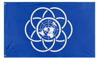 A blue flag with a white graphic design resembling a stylized planet Earth surrounded by abstract circular shapes.