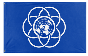 A blue flag with a white graphic design resembling a stylized planet Earth surrounded by abstract circular shapes.