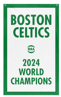 A rectangular flag with a white background featuring the Boston Celtics logo, the text 'Boston Celtics' and '2024 World Champions' in bold green lettering, and the NBA logo.
