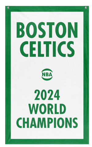 A rectangular flag with a white background featuring the Boston Celtics logo, the text 'Boston Celtics' and '2024 World Champions' in bold green lettering, and the NBA logo.