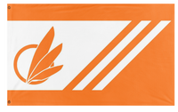 A custom personalized flag featuring a white background with orange and white stripes and a central emblem resembling a stylized plant or flower.