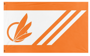 A custom personalized flag featuring a white background with orange and white stripes and a central emblem resembling a stylized plant or flower.