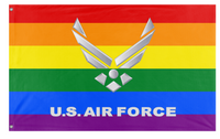 A custom flag design featuring the U.S. Air Force emblem with a rainbow background and the text 'Gay Force'.