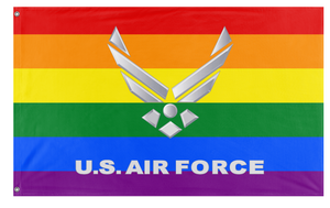A custom flag design featuring the U.S. Air Force emblem with a rainbow background and the text 'Gay Force'.