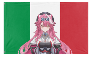 A custom flag featuring an animated character with pink hair, dressed in a black and silver outfit, against a tricolor background of green, white, and red.