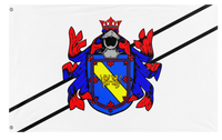 A custom-designed flag featuring a coat of arms with red and blue elements on a white background