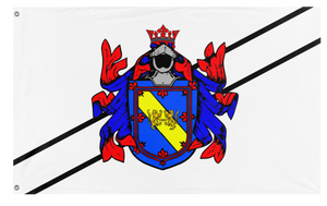 A custom-designed flag featuring a coat of arms with red and blue elements on a white background