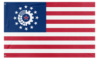 A custom American socialist flag designed with a unique gear and wheat emblem in the canton