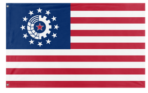A custom American socialist flag designed with a unique gear and wheat emblem in the canton