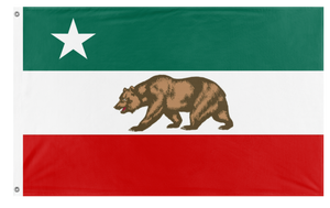 A custom flag with horizontal stripes in green, white, and red colors, featuring a bear in the center on a white stripe and a star on the green stripe.