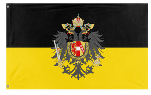 Austrian Yellow and Black Flag with a central coat of arms design on a black and yellow background