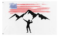 A mockup of the custom flag 'Arnold Archer Pose flag' on a white background