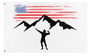 A mockup of the custom flag 'Arnold Archer Pose flag' on a white background