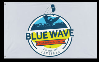 A mockup of the custom flag 'BLUE WAVE flag' on a white background