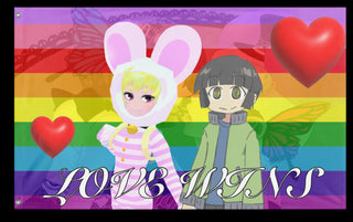 A mockup of the custom flag 'Love Wins flag' on a white background
