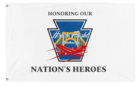 A mockup of the custom flag 'HFP-White-HONH flag' on a white background