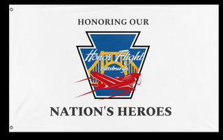 A mockup of the custom flag 'HFP-White-HONH flag' on a white background