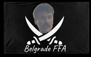 A mockup of the custom flag 'Belgrade FFA Jolly Roger flag' on a white background