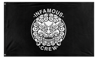 A mockup of the custom flag 'Infamous crew flag' on a white background