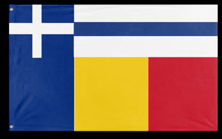 A mockup of the custom flag 'Romania+Greece herritage flag' on a white background