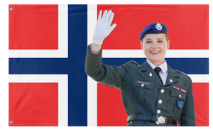 A mockup of the custom flag 'Norge flagg m/ingrid aleksandria flag' on a white background