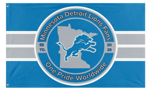 A mockup of the custom flag 'Minnesota Detroit Lions Fans Flag' on a white background