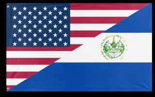 A mockup of the custom flag 'Salvadoran American Heritage Flag' on a white background