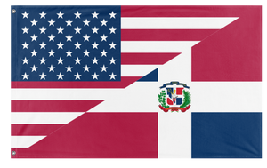 A mockup of the custom flag 'Dominican American Heritage Flag' on a white background