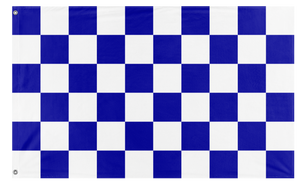 A mockup of the custom flag 'Blue and White Checkered Flag' on a white background