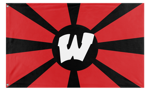 A mockup of the custom flag 'warrior sunburst flag' on a white background