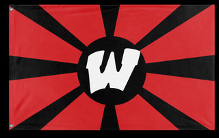 A mockup of the custom flag 'warrior sunburst flag' on a white background
