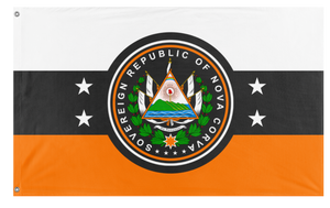 A mockup of the custom flag 'Sovereign republic of Nova Corva flag' on a white background