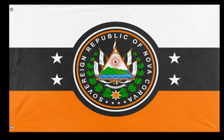 A mockup of the custom flag 'Sovereign republic of Nova Corva flag' on a white background